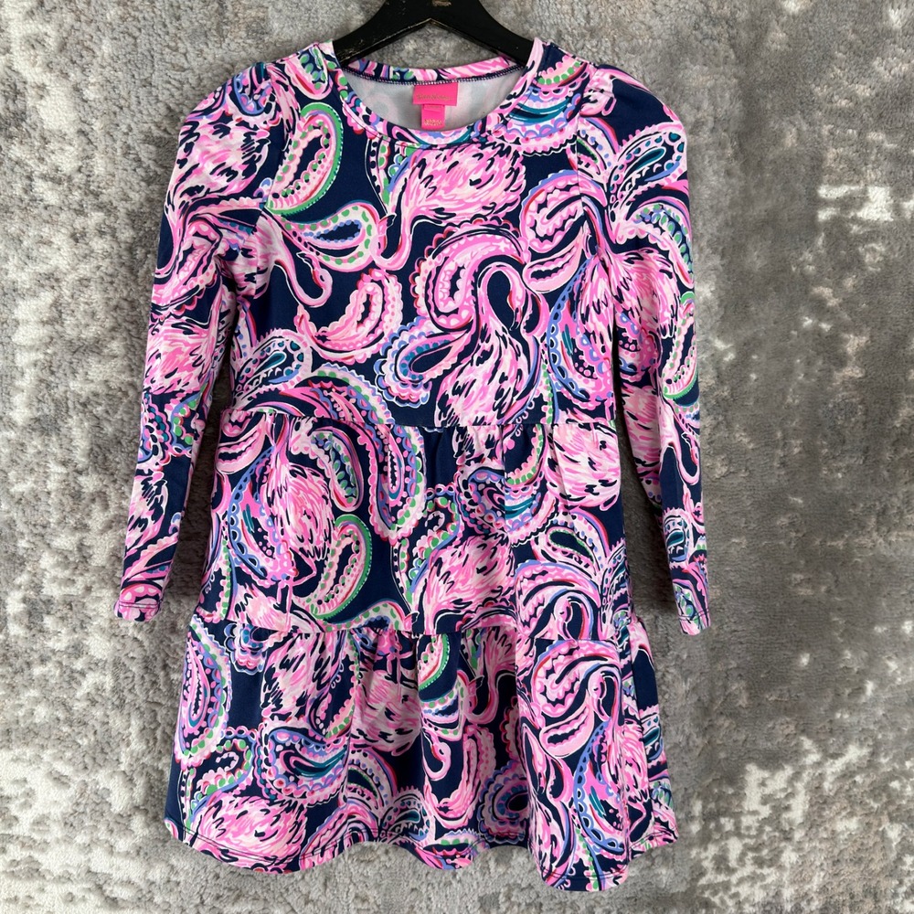 Lilly Pulitzer Size L(8-10) Paisley Flamingo Tiered Dress Pink Long Sleeve Kids